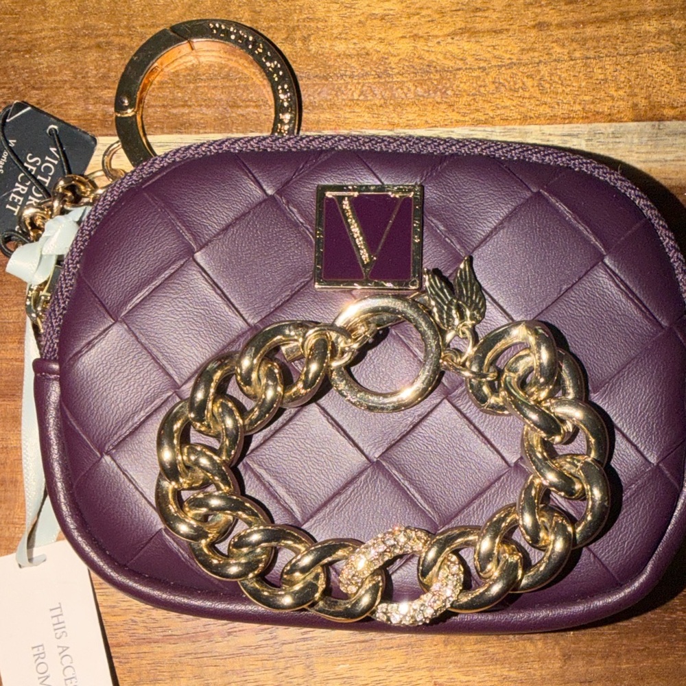 A Set Burgundy/ deep purple Victoria's Secret key chain wallet &  Gold Bracelet